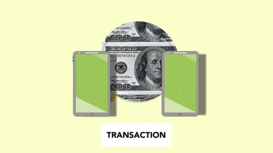 Ilustração de dois celulares ao lado de uma nota de dinheiro, representando uma transação automática entre contas